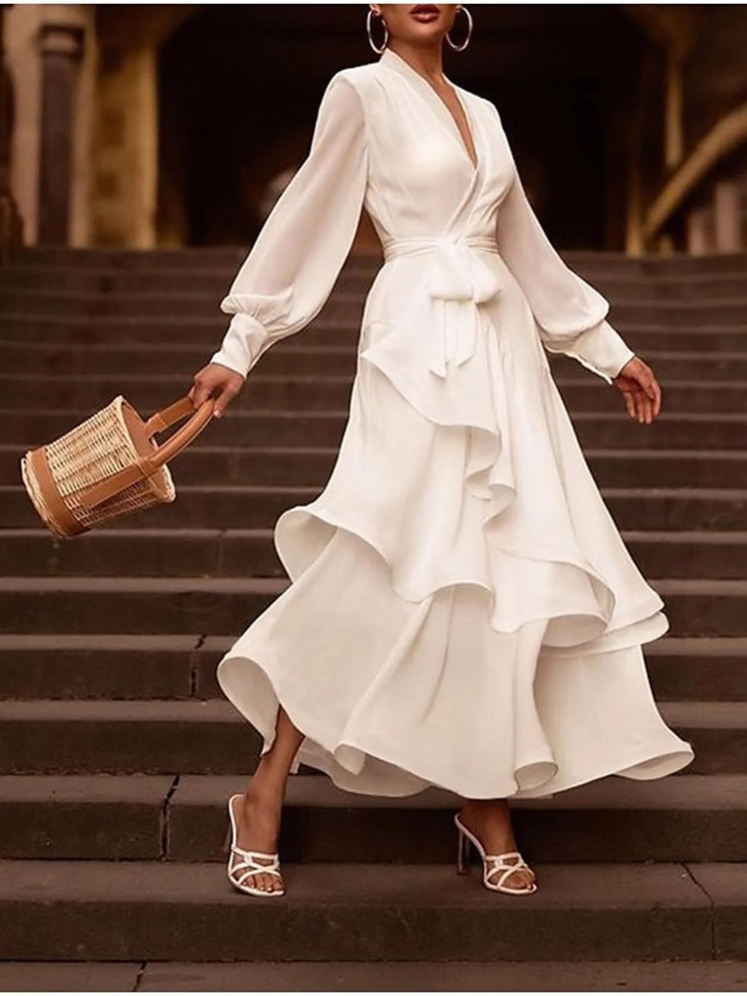 Dress For Wedding A-line/princess V-neck Long Sleeves Asymmetrical Wedding Dress With Ruffles Formal Women's Dresses